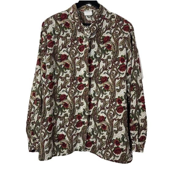 Floral Blouse Burgundy Red Green Button Collar Vtg Koret Preppy Office 16W - Picture 11 of 12